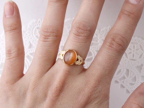 orange moonstone ＆leaf ring (gold plating) 第4張的照片