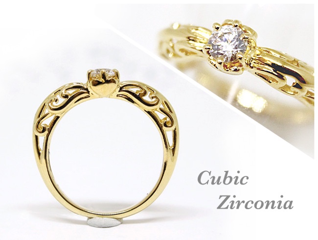 foliage scroll heart ring / CZ (gold plating) 4mm