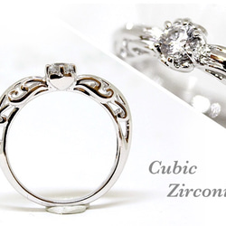 foliage scroll heart ring / CZ (rhodium plating) 4mm 第1張的照片