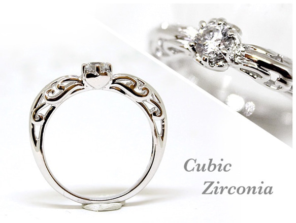 foliage scroll heart ring / CZ (rhodium plating) 4mm 第1張的照片