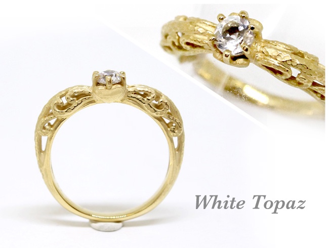 foliage scroll heart ring (matte)/ white topaz 4mm