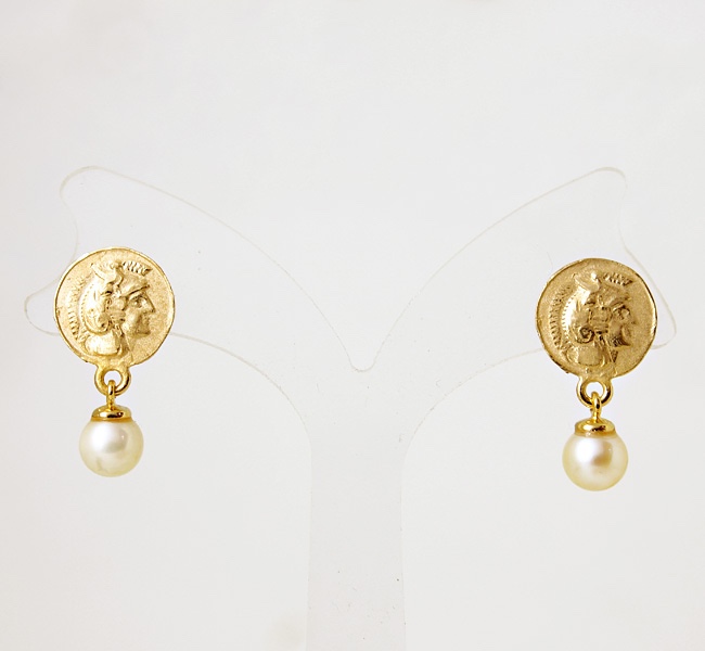 あこやパールとミニコインのピアス/ゴールドメッキ