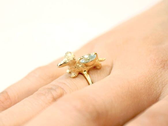 Dachshund & aquamarine ring  (gold plating) 1枚目の画像