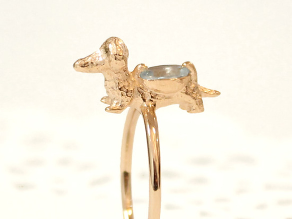 Dachshund & aquamarine ring(pink gold plating) 5枚目の画像