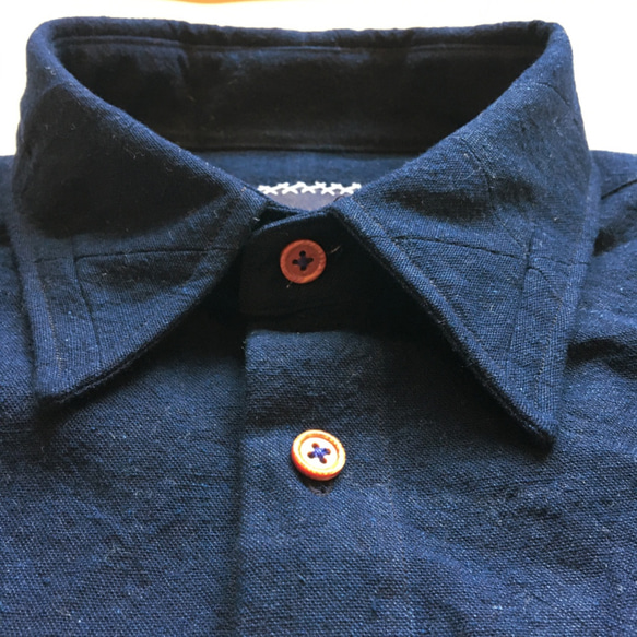 備後藍染 オックスフォード パッチワーク ウッドボタン シャツ 10枚目の画像