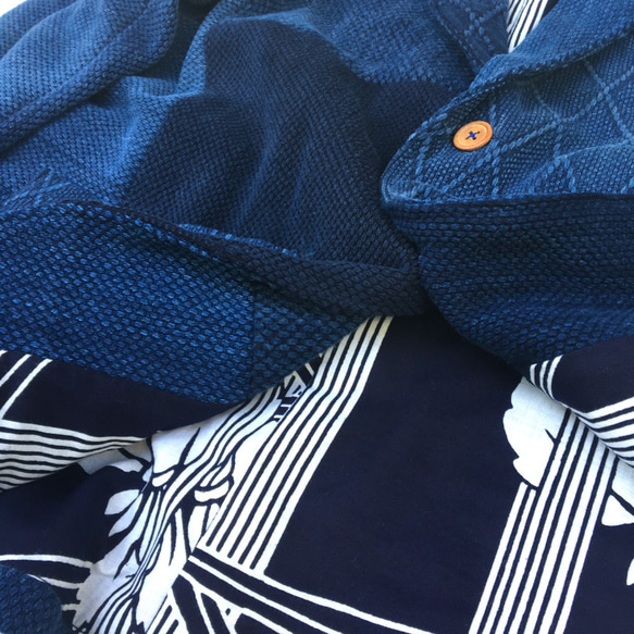 KIRIKOMI“剪裁”BLUE 復古靛藍染色劍道服重製拼縫披肩領開衫 第6張的照片