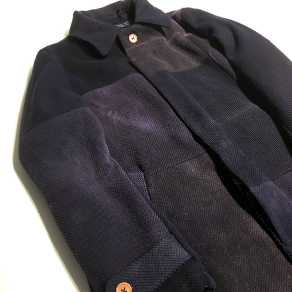復古靛藍染色刺子劍道製服翻版拼接不銹鋼領外套 第1張的照片