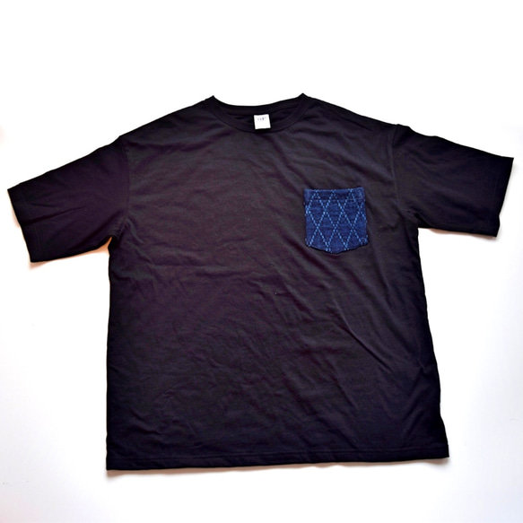 BIGシルエット ビンテージ 藍染 剣道着 リメイク ポケットTシャツ M-XL BLK 2枚目の画像