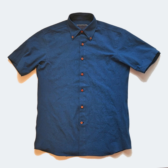 備後絣 藍染 ウッドボタン B/D シャツ Short sleeve Shirts w/wood buttom 2枚目の画像