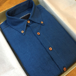 備後絣 藍染 ウッドボタン B/D シャツ Short sleeve Shirts w/wood buttom 4枚目の画像