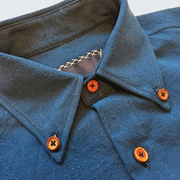 備後絣 藍染 ウッドボタン B/D シャツ Short sleeve Shirts w/wood buttom 5枚目の画像
