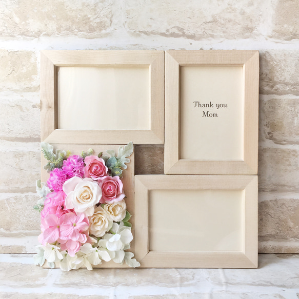 【在庫限り】フラワーフォトフレーム plain wood ピンク 1枚目の画像