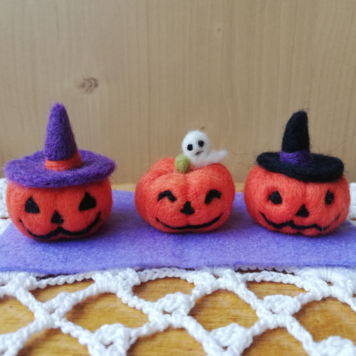 受注制作 羊毛フェルトハロウィンオバケカボチャ3点セット 完成次第
