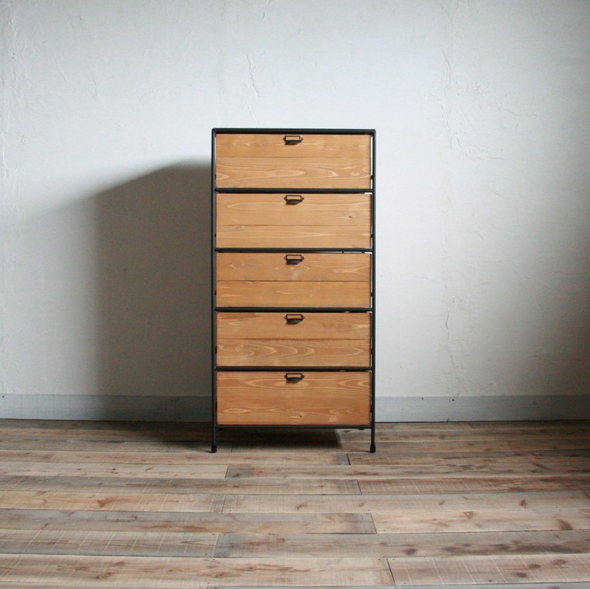 アイアンと木箱のドロワー　1列5段　#2【サイズオーダー可】