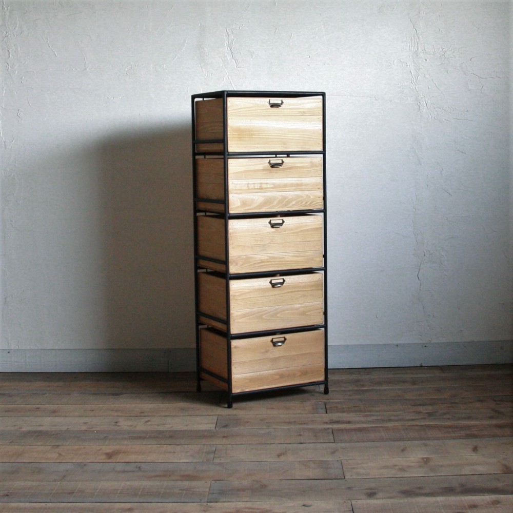 アイアンと木箱のドロワー　1列5段【サイズオーダー可】