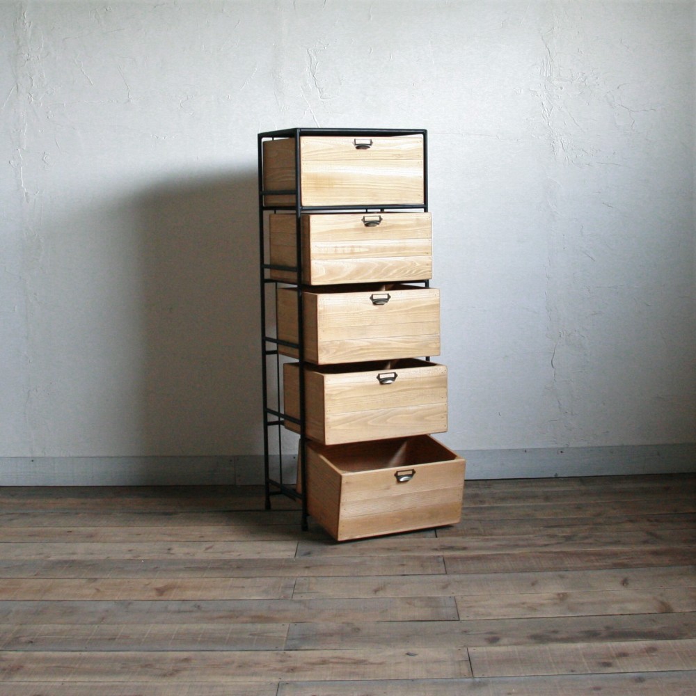 アイアンと木箱のドロワー　1列5段【サイズオーダー可】