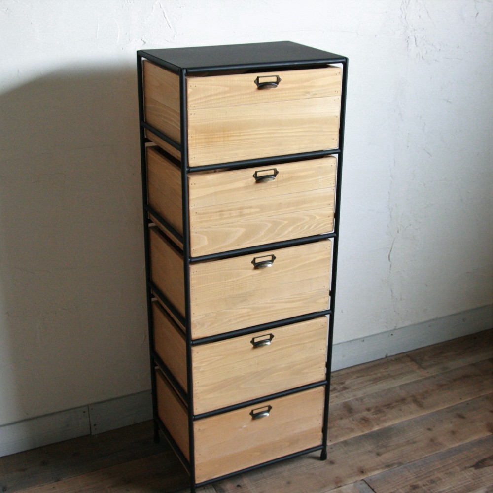 アイアンと木箱のドロワー　1列5段【サイズオーダー可】