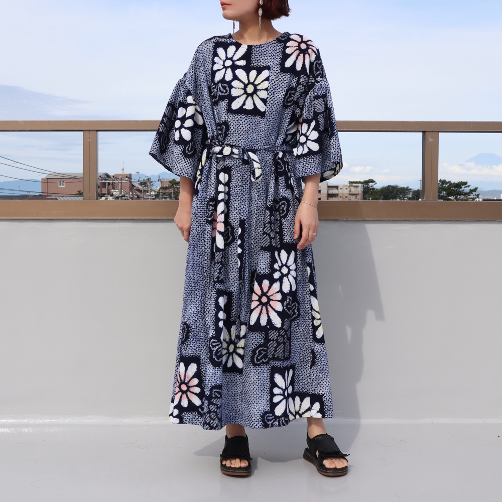 新品反物二種フリル袖ゆったりワンピース 浴衣リメイク LL