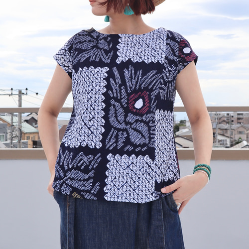 1点もの・デザイン画付き】薄ちりめん＆綿麻柄生地切り替えブラウス  