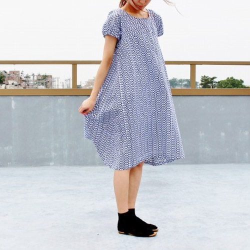 着物リメイク・男物浴衣反物から作ったパフ袖ワンピース・M  