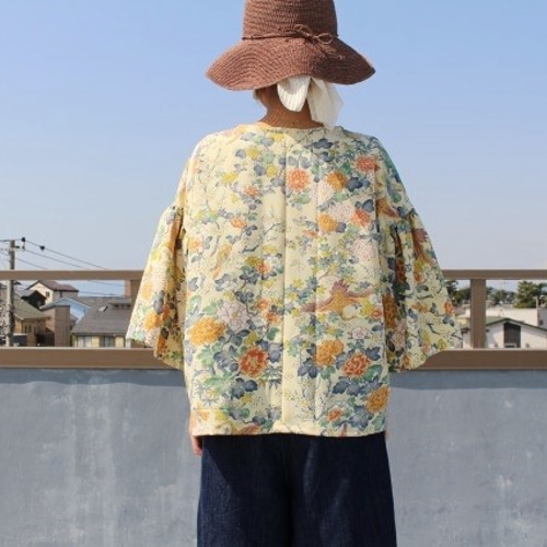 ○○着物リメイク・小紋の着物から作ったフリル袖ブラウス薄黄色