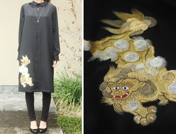 着物リメイク・狛犬の家紋付きAラインワンピース・M ワンピース ぬい