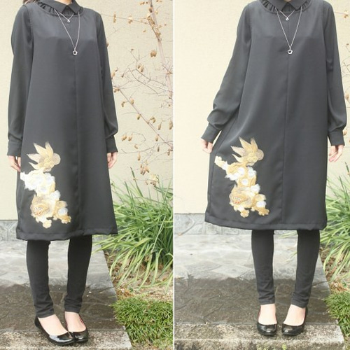 着物リメイク・狛犬の家紋付きAラインワンピース・M ワンピース ぬい