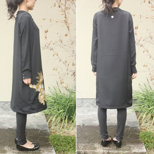 着物リメイク・狛犬の家紋付きAラインワンピース・M ワンピース ぬい