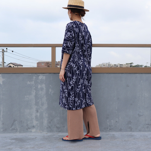 着物リメイク 浴衣のハーフスリーブワンピース（笹・L