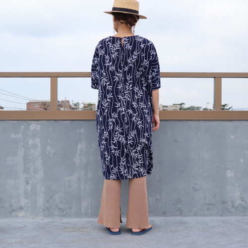 着物リメイク 浴衣のハーフスリーブワンピース（笹・L