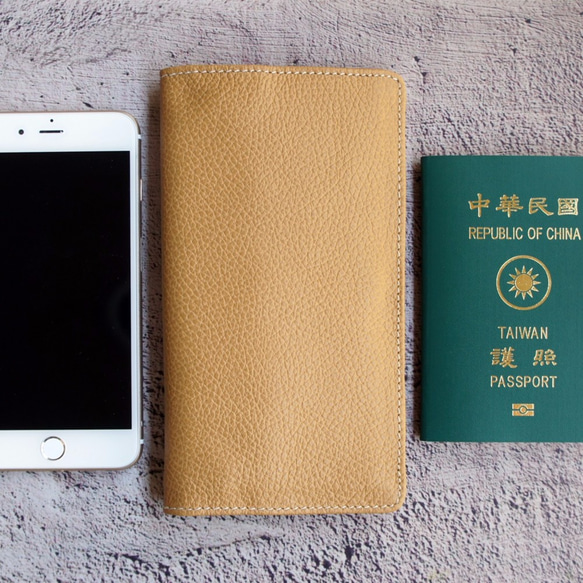 ロングレザージップフォルダ - ラクダ黄色いパスポートホルダー、携帯電話のセットの財布の長い法案 7枚目の画像
