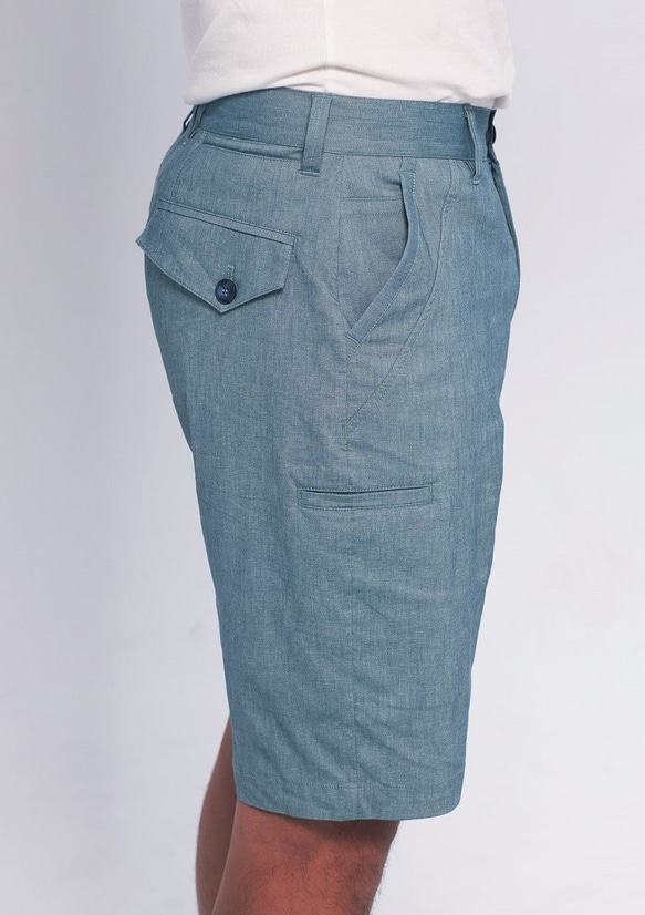 MA003 MINT BLUE 薄荷藍 輕薄棉麻8口袋彈性休閒短褲 第6張的照片