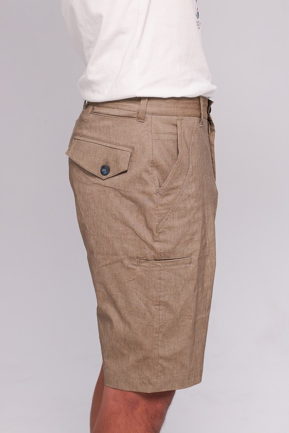 MA004 BRONZE BROWN 古銅棕 輕薄棉麻8口袋彈性休閒短褲 第6張的照片