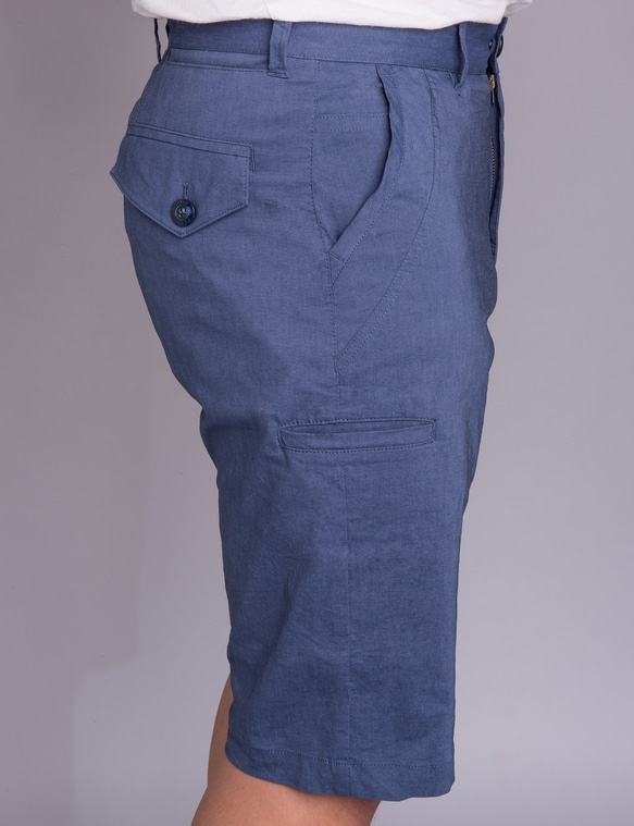 MA002 ROYAL BLUE 皇室藍輕薄棉麻8口袋彈性休閒短褲 第4張的照片