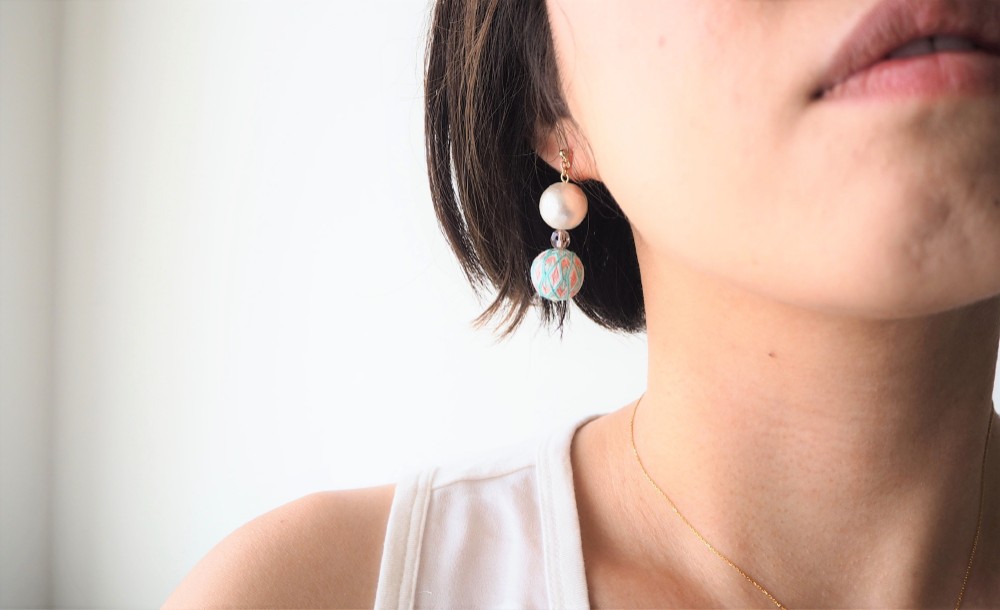 【May】ベビーピンク＆ミントTEMARIとコットンパールのイヤリング