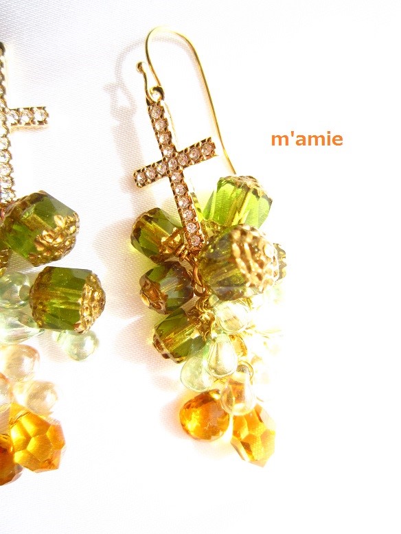 天然石シトリンの春色グラデーションイヤリング/ピアス（きらきらクロス）