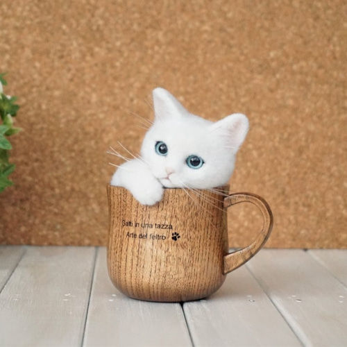 マグカップ猫＊羊毛フェルト＊白猫＊置物 羊毛フェルト po