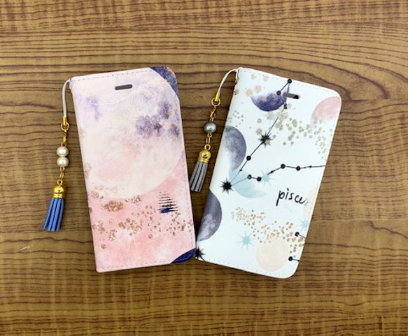 【送料無料】手帳型iPhoneケース　月と星座柄 1枚目の画像