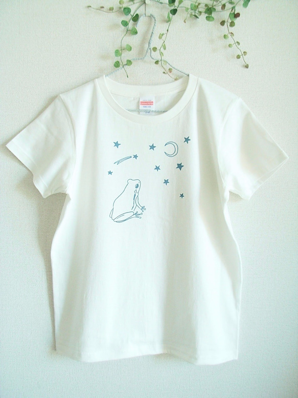 カエルさんTシャツ　星に願いを☆【オフホワイト】 2枚目の画像