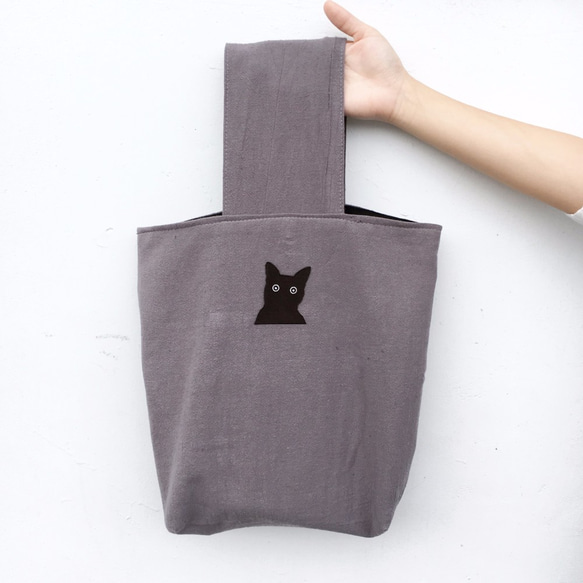 犀利希莉小貓貼布棉麻帆布復古包型手提包—灰 第1張的照片