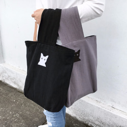 犀利希莉小貓貼布棉麻帆布復古包型手提包—灰 第2張的照片