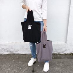 犀利希莉小貓貼布棉麻帆布復古包型手提包—灰 第4張的照片