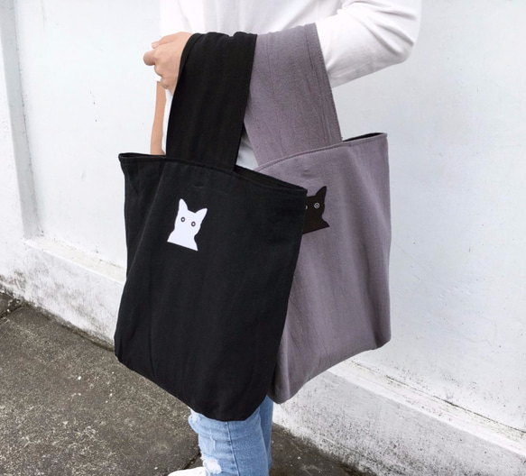犀利希莉小貓貼布棉麻帆布復古包型手提包—黑 第2張的照片