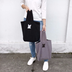 犀利希莉小貓貼布棉麻帆布復古包型手提包—黑 第4張的照片