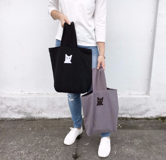犀利希莉小貓貼布棉麻帆布復古包型手提包—黑 第4張的照片
