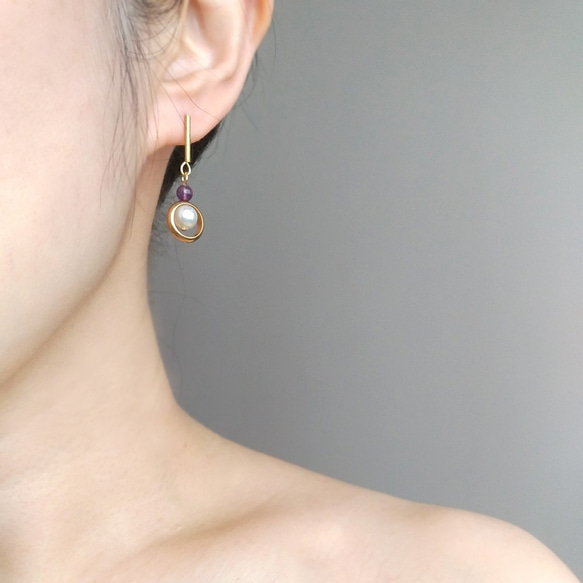 e089盼-黃銅紫水晶珍珠耳環 第4張的照片