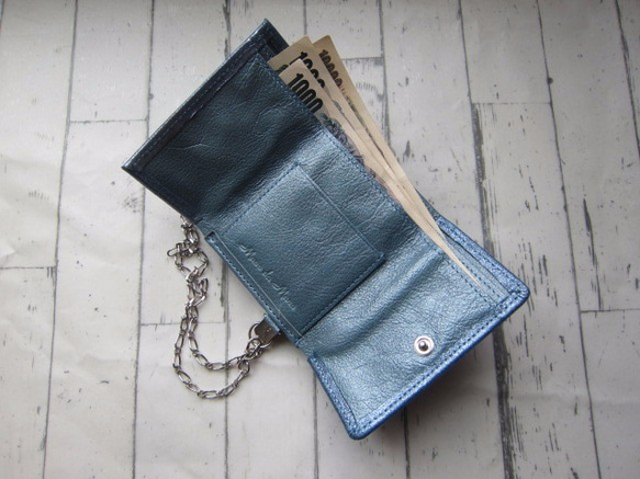 送料無料　手のひらサイズのイタリア製キッドスエードラメの三っ折れ財布ブルーMano da Manaオリジナル 3枚目の画像