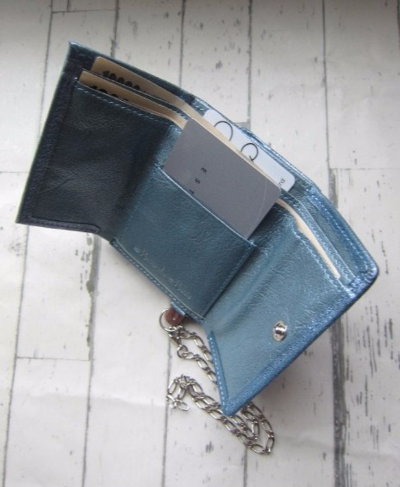 送料無料　手のひらサイズのイタリア製キッドスエードラメの三っ折れ財布ブルーMano da Manaオリジナル 4枚目の画像