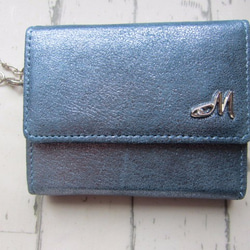 送料無料　手のひらサイズのイタリア製キッドスエードラメの三っ折れ財布ブルーMano da Manaオリジナル 7枚目の画像