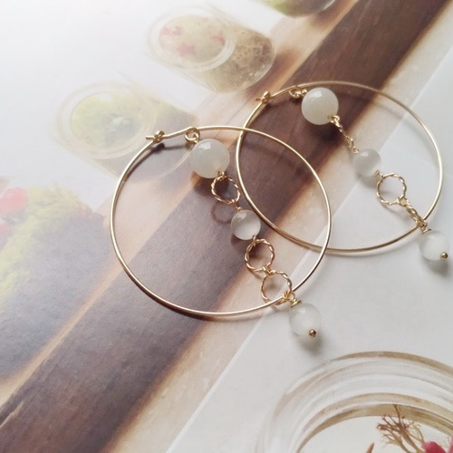 14KGFビッグフープイヤリング付きオパール14KGF大型フープピアス